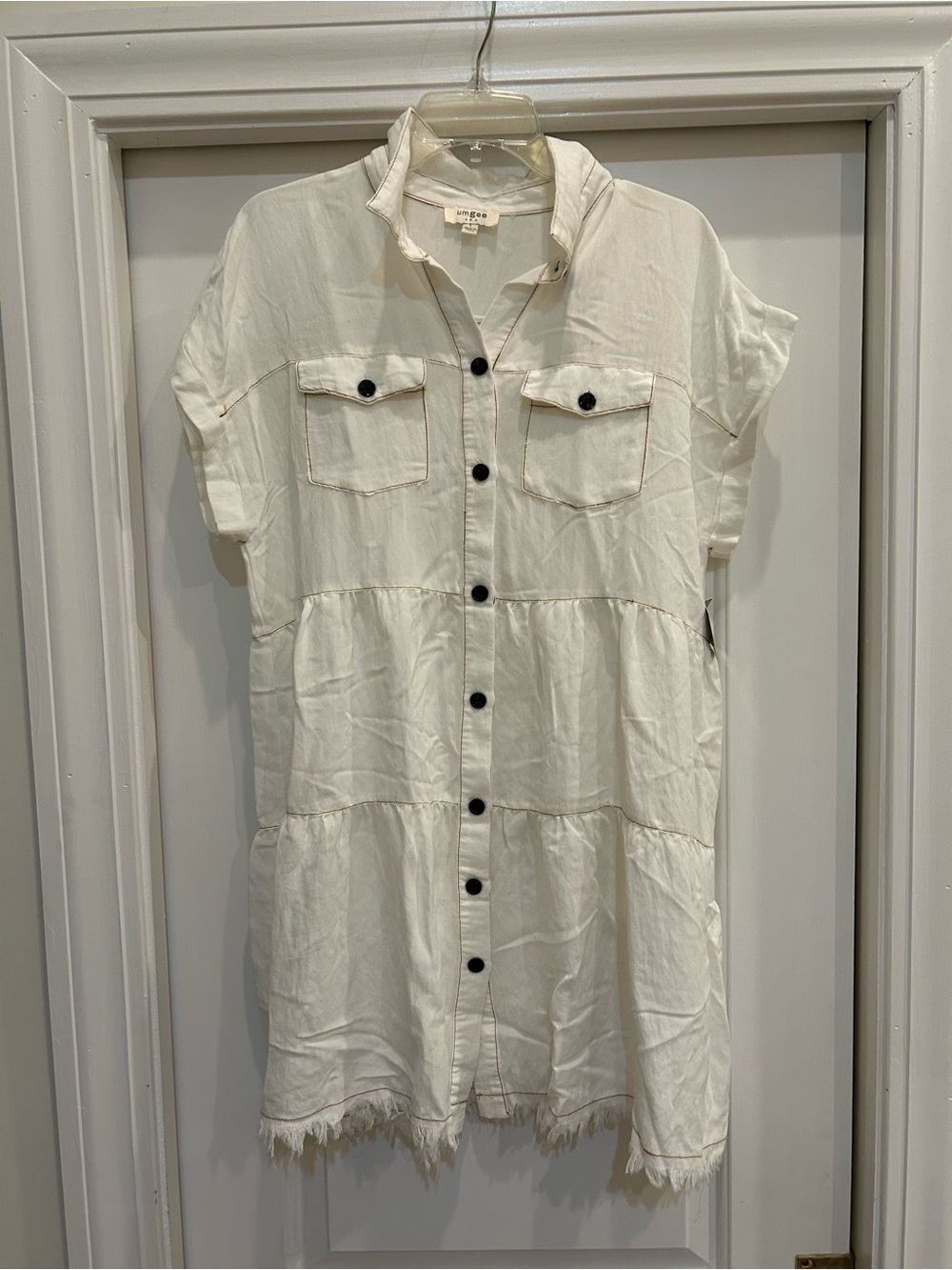 Umgee Cream Button-Front Tiered Mini Dress with Black Buttons